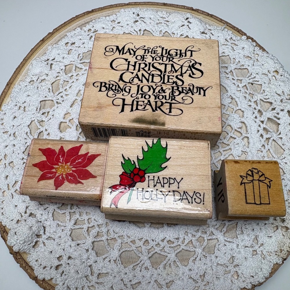 Vintage Christmas Stamp Lot Wood Mounted Rubber Stamps Holiday Crafting 90s